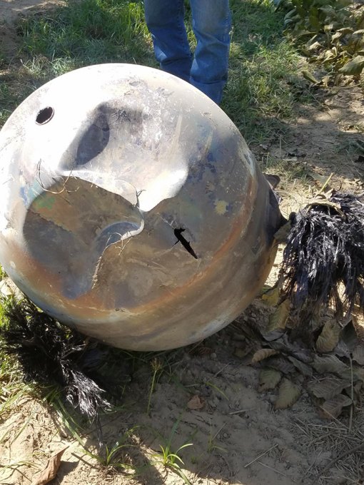 A local Hanford orchard owner found this piece of space junk - a hydrazine fuel tank - among his walnuts recently. The object is from a satellite launched by Iridium, a mobile satellite communications company. 